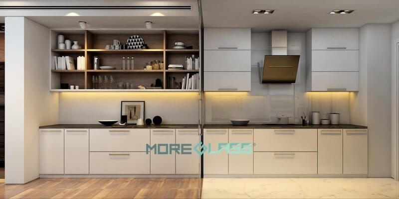 Thiết kế và thi công mẫu kính ốp bếp màu trắng tinh tế cho chung cư, biệt thự, nhà phố.